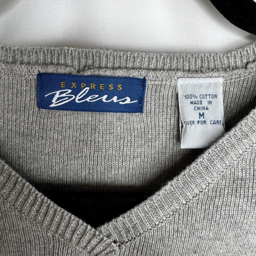 Vintage Y2K Preppy Twee Striped Sweater Vest Express Bleus Sz Med Black and Grey